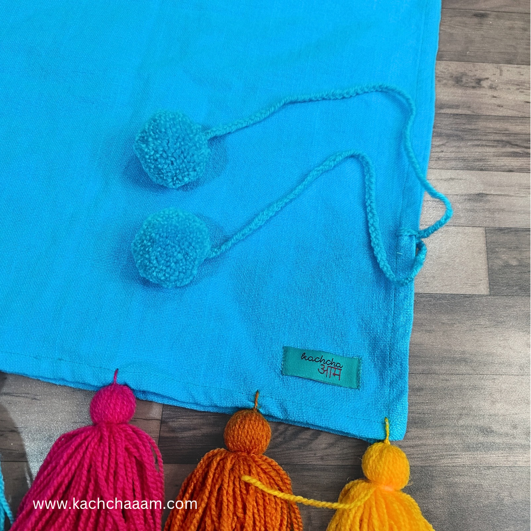 Sky Blue Cotton Slub Chair Cover with Rainbow Tassels