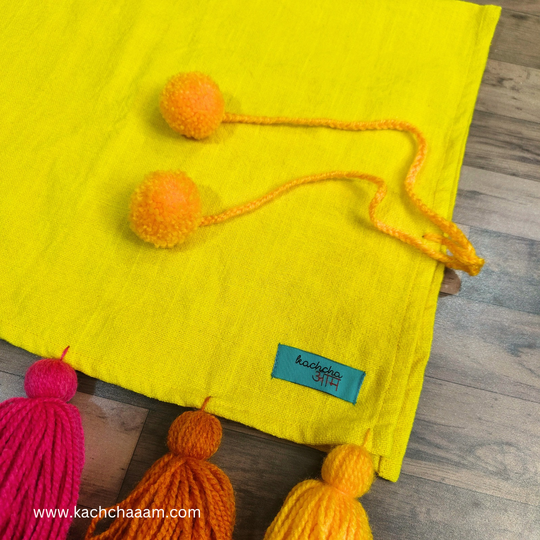 Yellow Cotton Slub Chair Cover with Rainbow Tassels