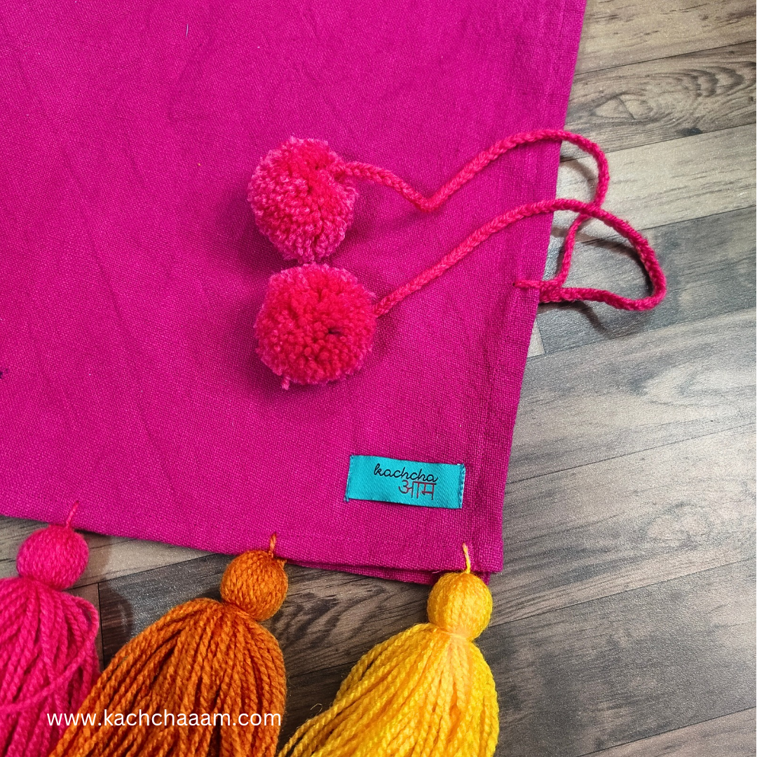 Pink Cotton Slub Chair Cover with Rainbow Tassels