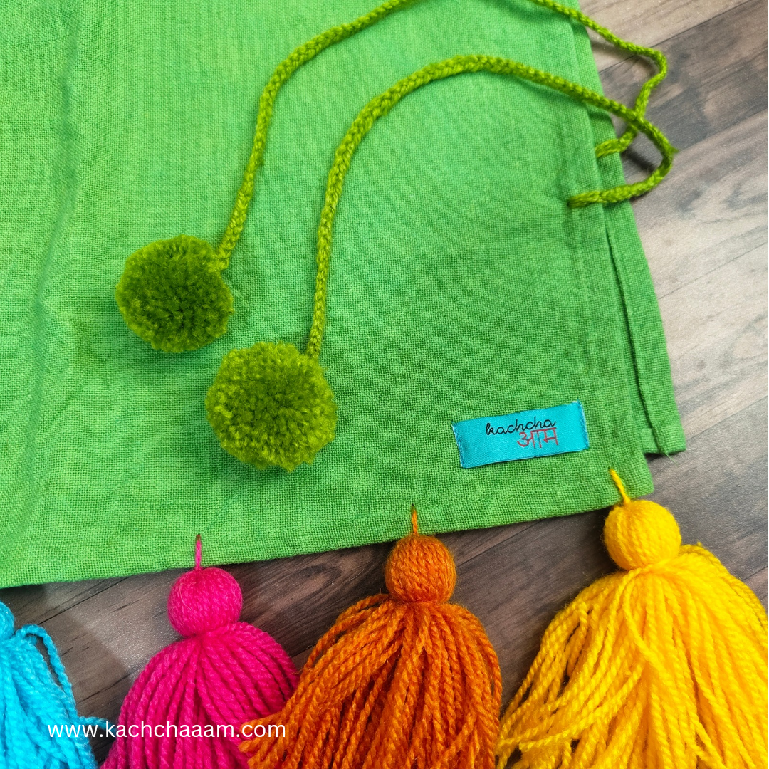 Green Cotton Slub Chair Cover with Rainbow Tassels