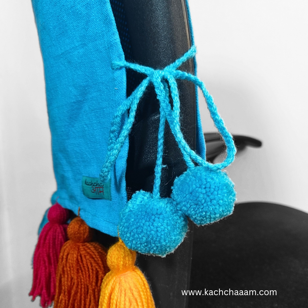 Sky Blue Cotton Slub Chair Cover with Rainbow Tassels