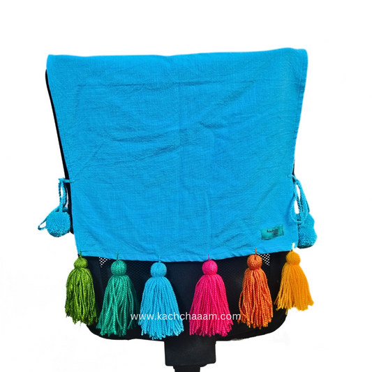 Sky Blue Cotton Slub Chair Cover with Rainbow Tassels