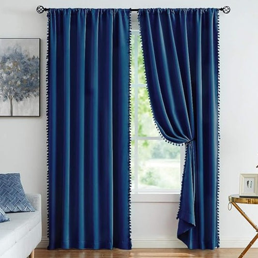 Navy Pompom Lace Colored Cotton Curtains