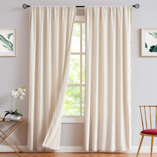 Cream Pompom Lace Colored Cotton Curtains