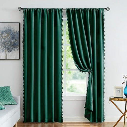 Dark Green Pompom Lace Colored Cotton Curtains