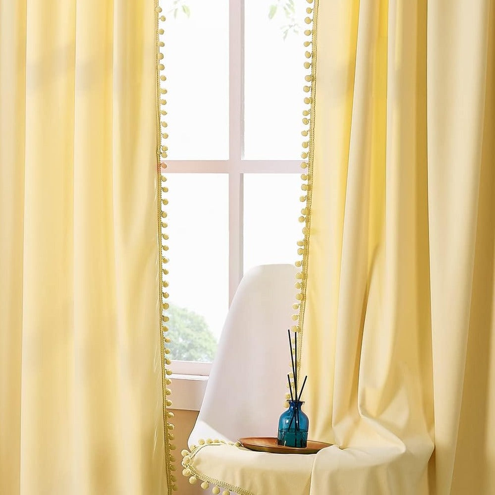 Yellow Pompom Lace Colored Cotton Curtains