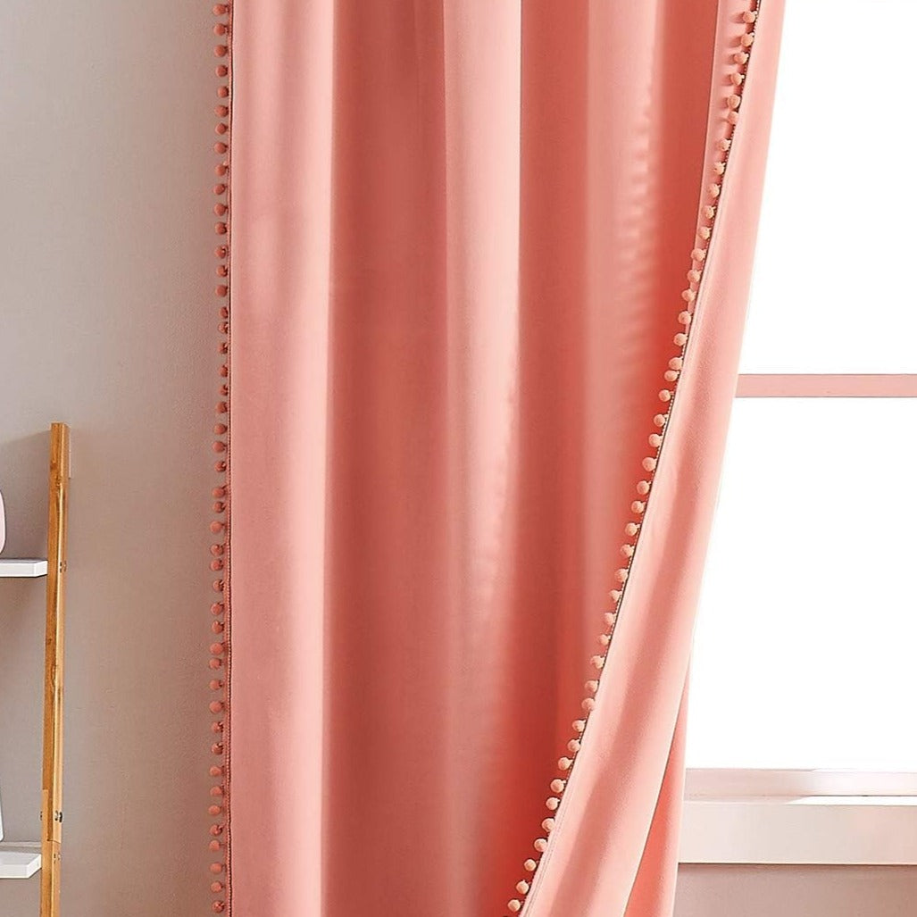 Peach Pompom Lace Colored Cotton Curtains