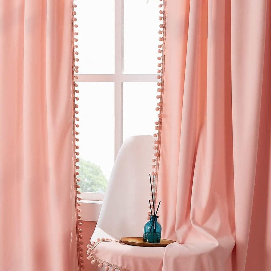 Peach Pompom Lace Colored Cotton Curtains