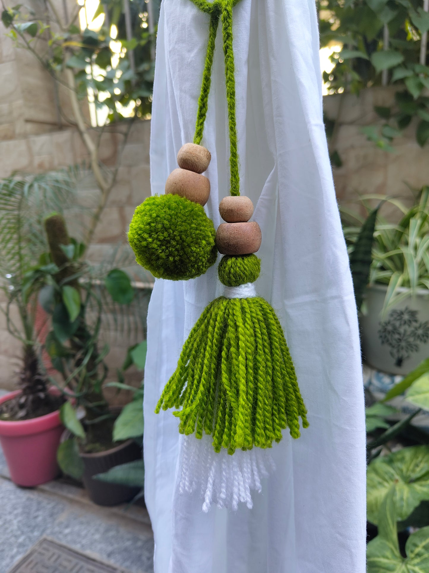 Curtain Tie Backs White Green Pompom & Tassel with Wooden Beads (Set of 2)