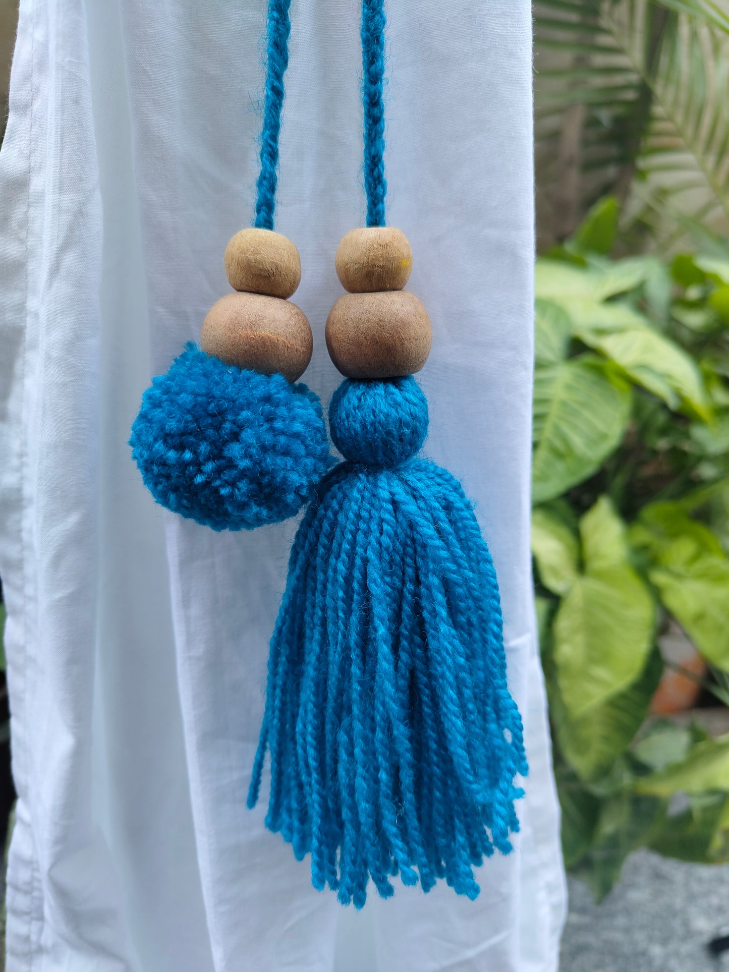 Curtain Tie Backs Navy Pompom & Tassel with Wooden Beads (Set of 2)