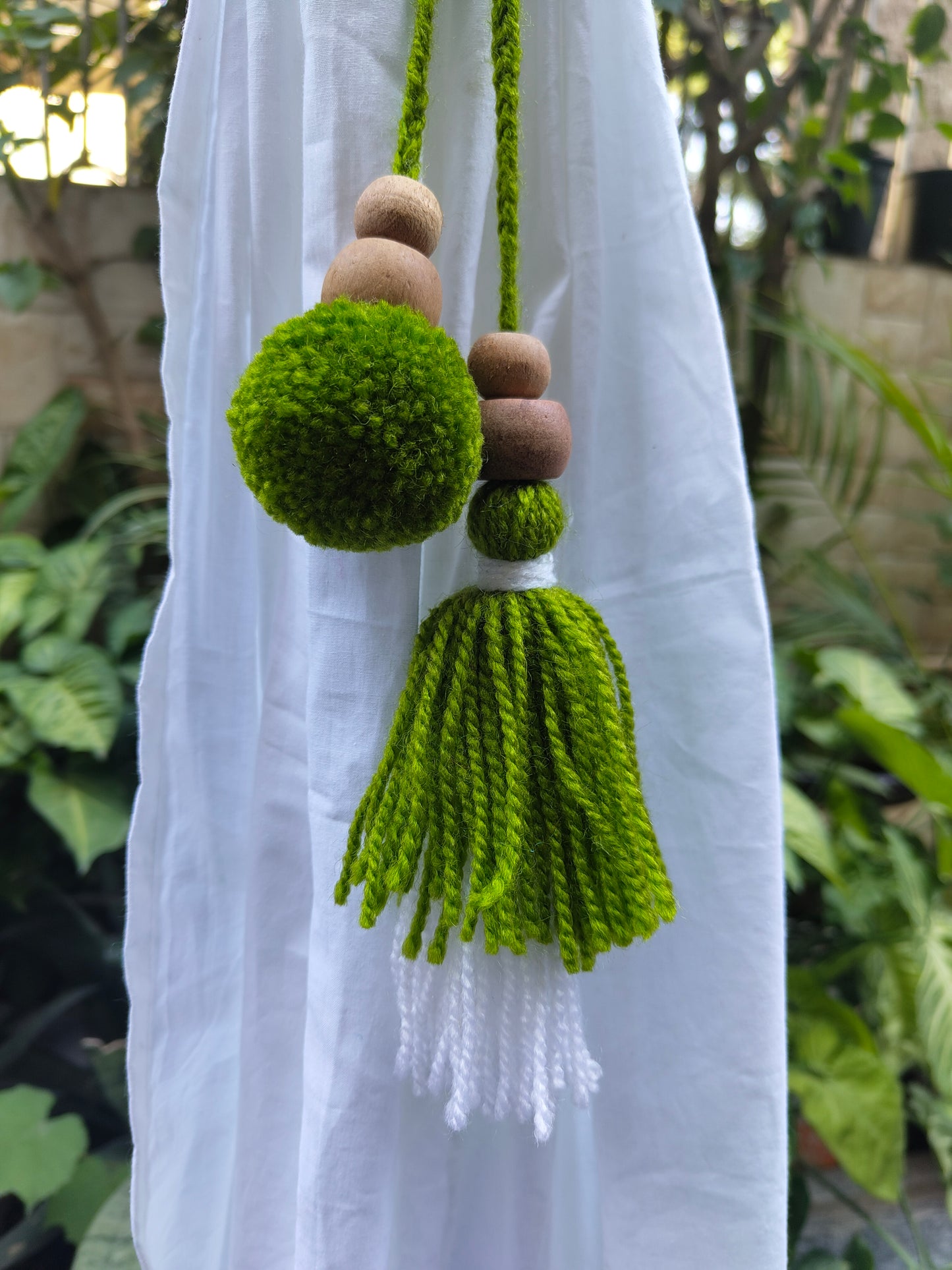 Curtain Tie Backs White Green Pompom & Tassel with Wooden Beads (Set of 2)