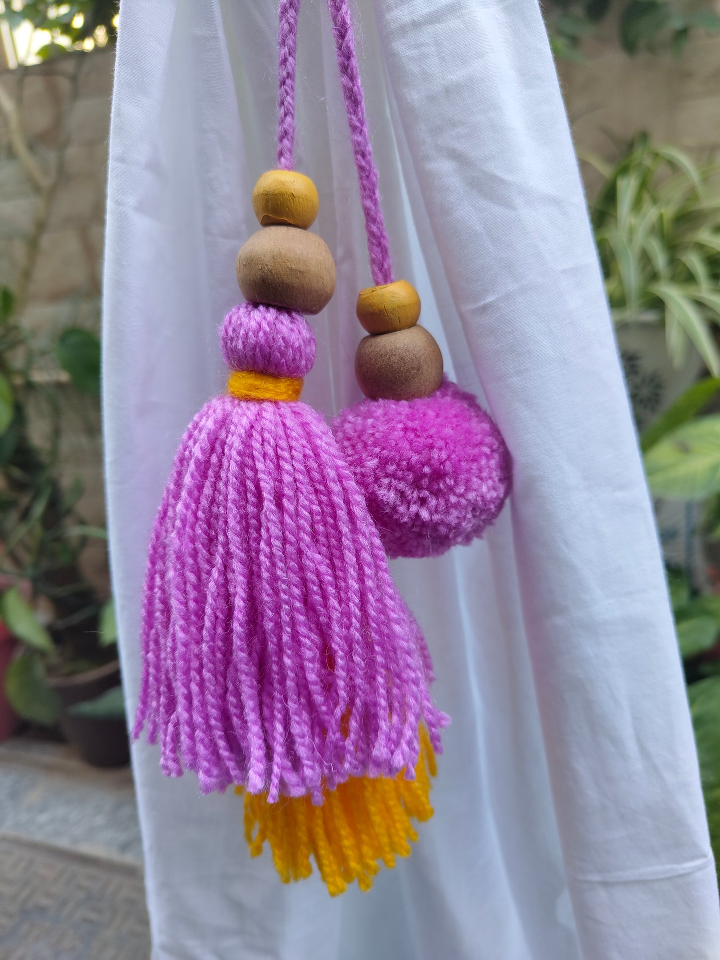 Curtain Tie Backs Yellow Lav Pompom & Tassel with Wooden Beads (Set of 2)