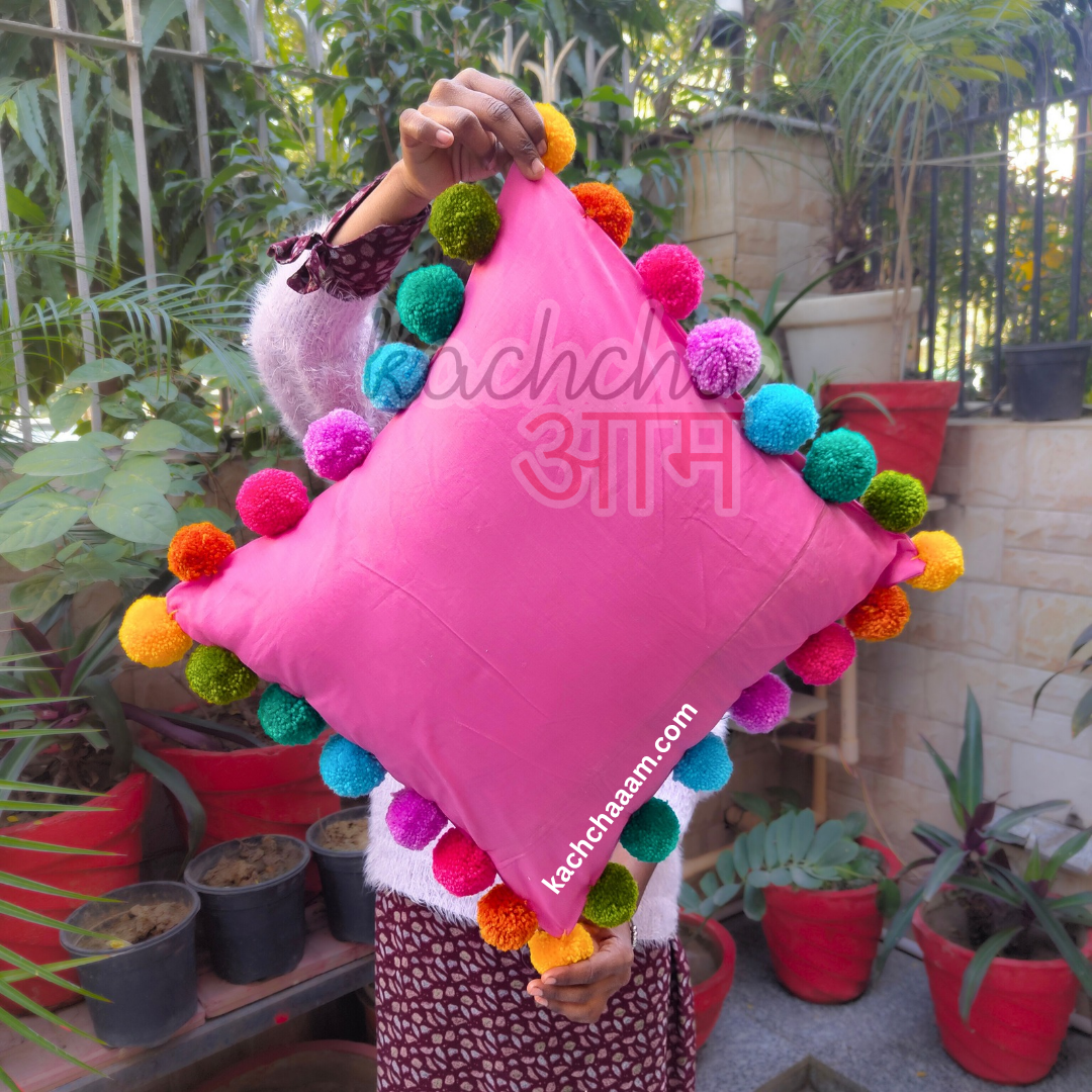 Multi Pompom Pink Cotton Cushion Cover with Lining