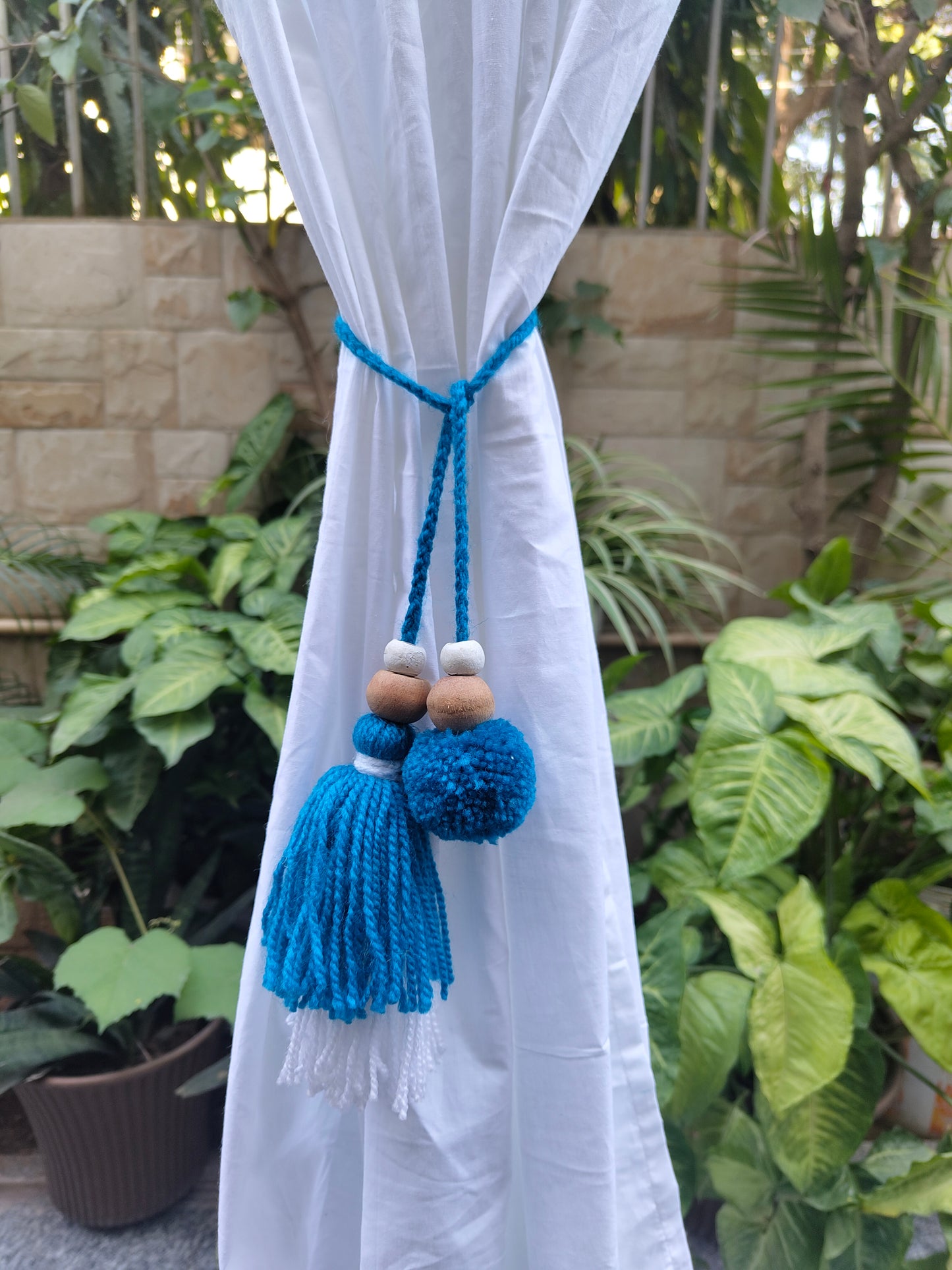 Curtain Tie Backs White Navy Pompom & Tassel with Wooden Beads (Set of 2)