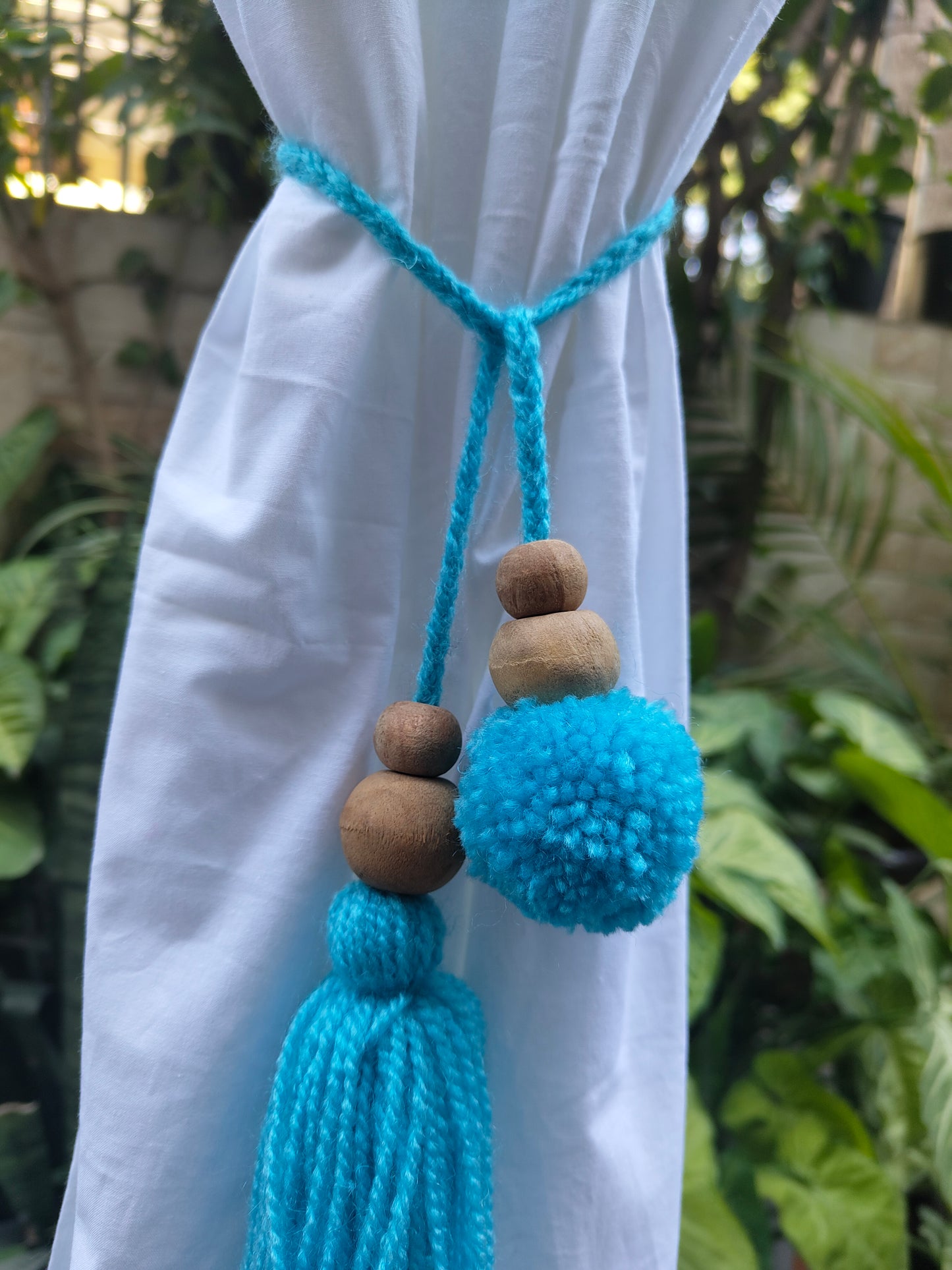 Curtain Tie Backs Sky Pompom & Tassel with Wooden Beads (Set of 2)