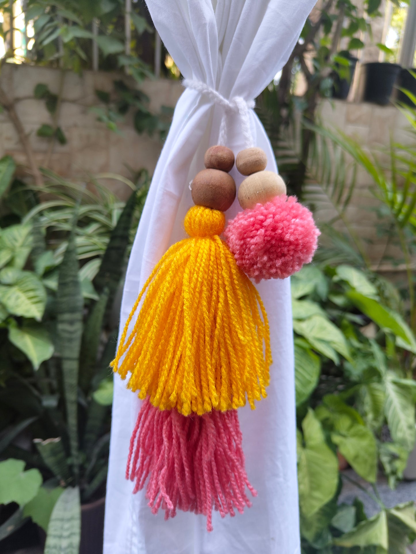 Curtain Tie Backs Yellow Peach Pompom & Tassel with Wooden Beads (Set of 2)