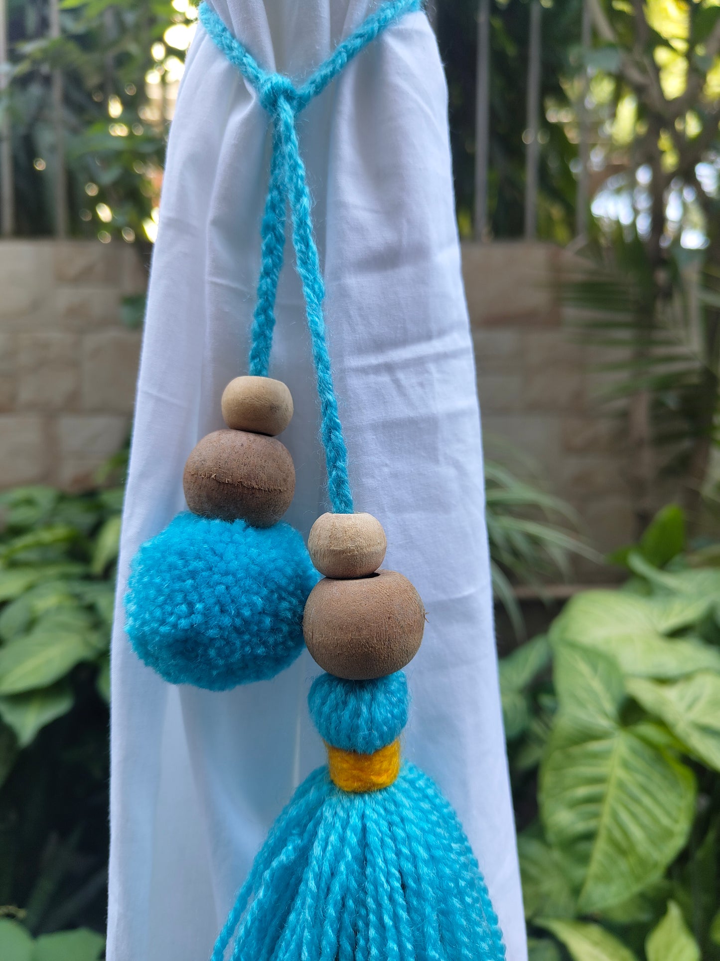 Curtain Tie Backs Yellow Sky Pompom & Tassel with Wooden Beads (Set of 2)