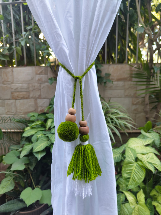 Curtain Tie Backs White Green Pompom & Tassel with Wooden Beads (Set of 2)