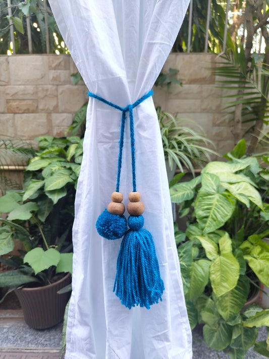 Curtain Tie Backs Navy Pompom & Tassel with Wooden Beads (Set of 2)