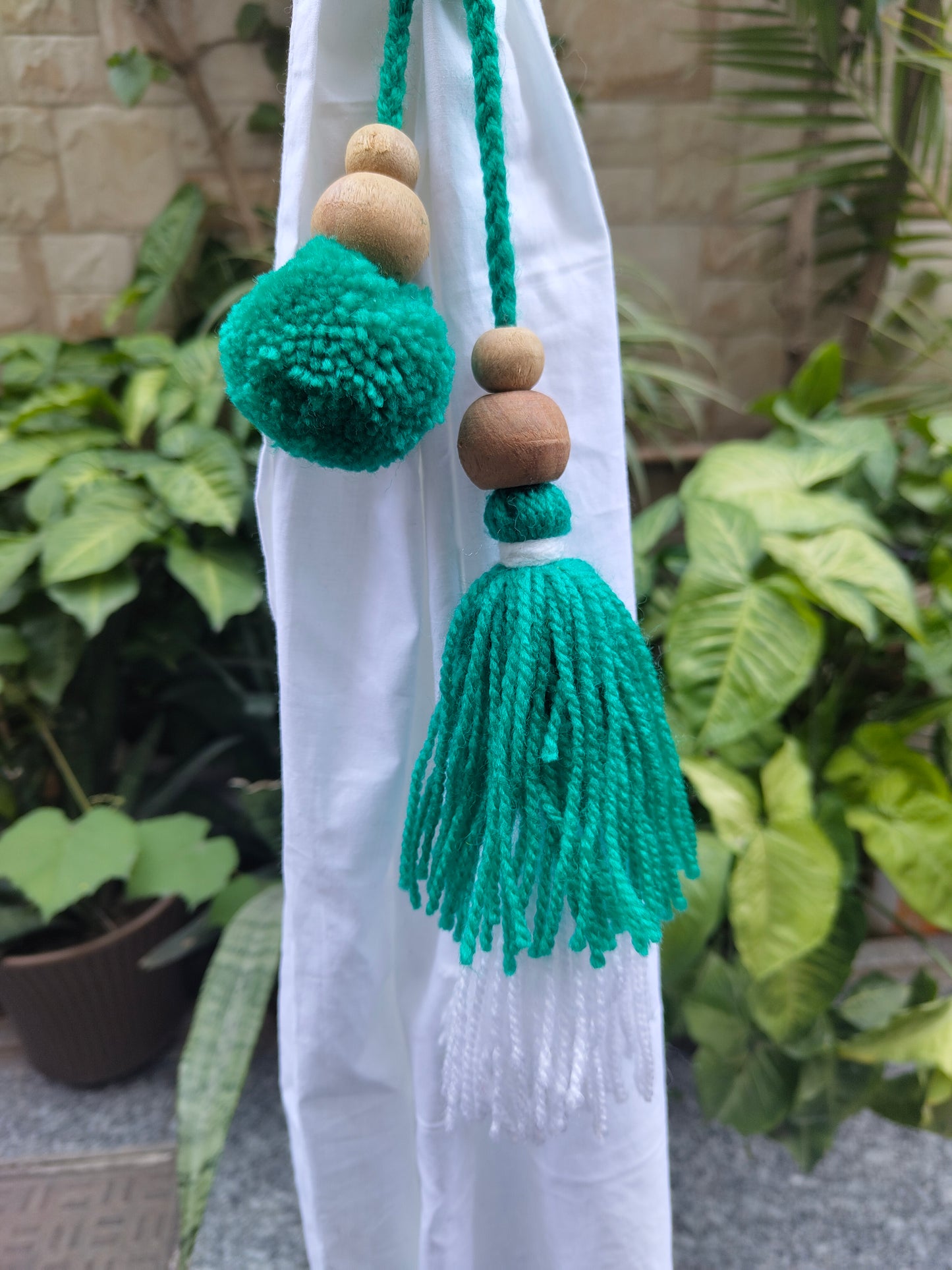 Curtain Tie Backs White Sea Green Pompom & Tassel with Wooden Beads (Set of 2)