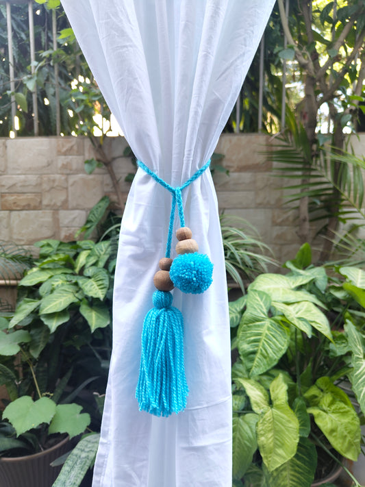 Curtain Tie Backs Sky Pompom & Tassel with Wooden Beads (Set of 2)