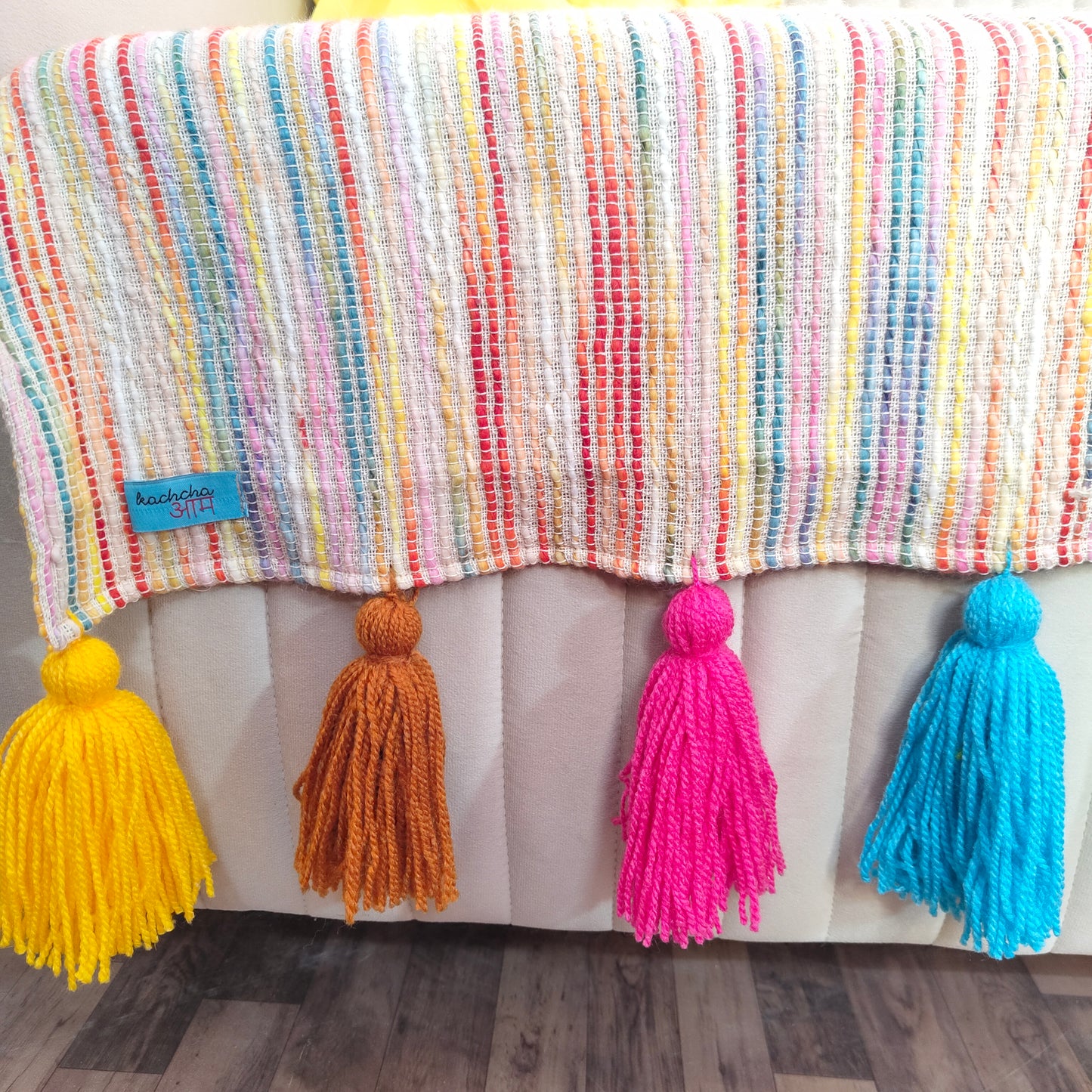 Multi Jacquard Slub Sofa Cover with Rainbow Tassels