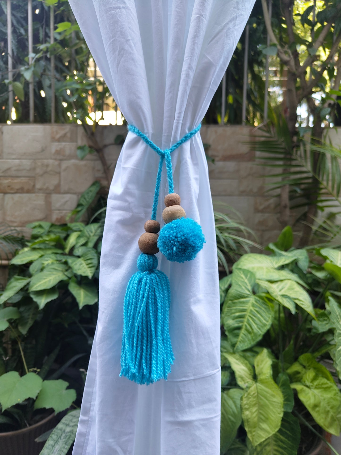 Curtain Tie Backs Sky Pompom & Tassel with Wooden Beads (Set of 2)