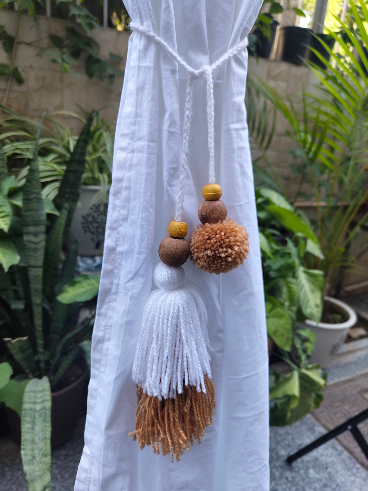 Curtain Tie Backs White Beige Pompom & Tassel with Wooden Beads (Set of 2)