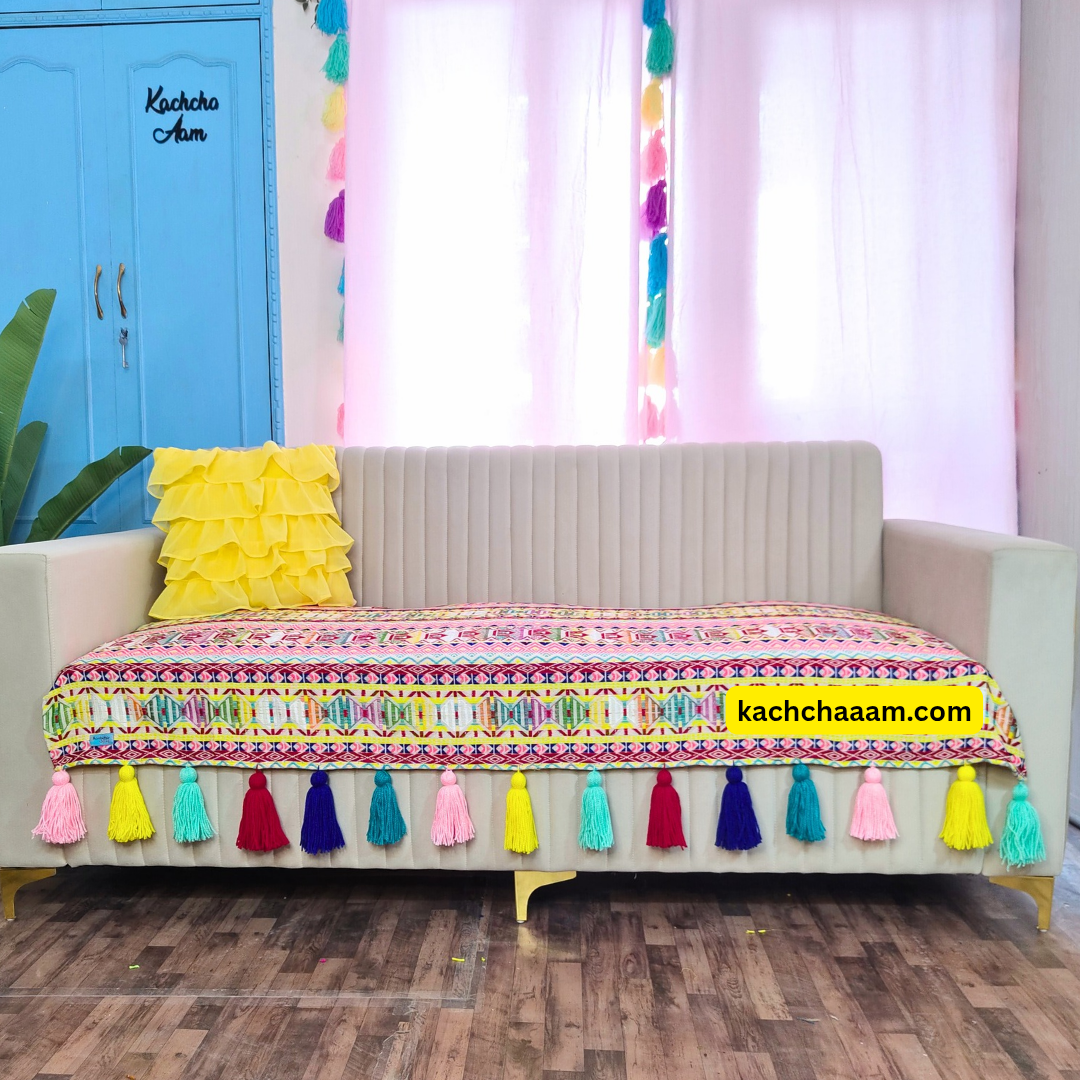 Neon Yellow Pink Jacquard Woven Fabric Sofa cover with Multi Tassels