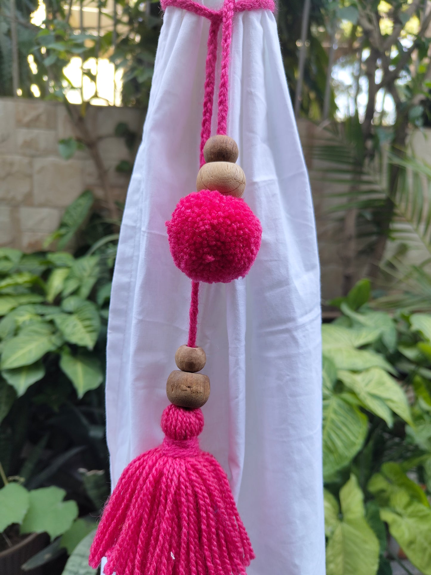 Curtain Tie Backs Pink Pompom & Tassel with Wooden Beads (Set of 2)