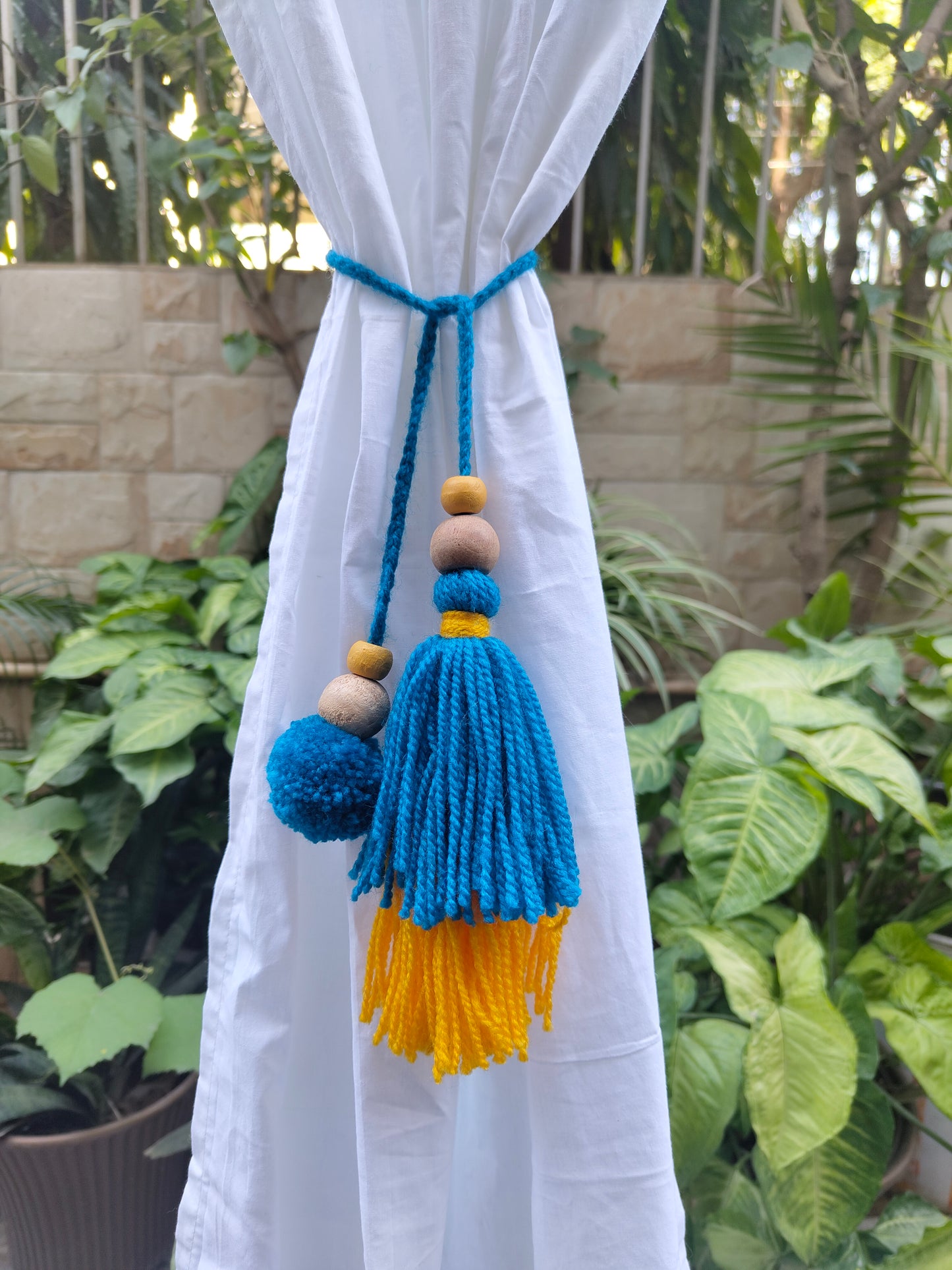 Curtain Tie Backs Yellow Navy Pompom & Tassel with Wooden Beads (Set of 2)