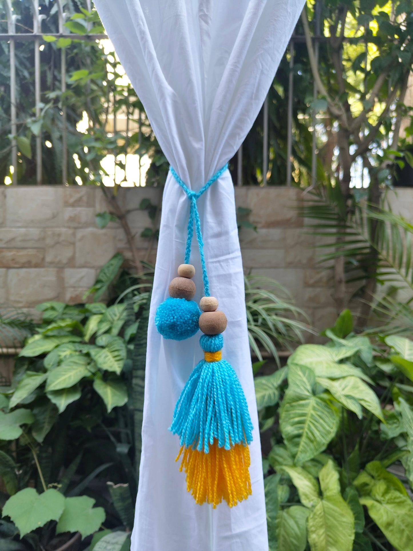 Curtain Tie Backs Yellow Sky Pompom & Tassel with Wooden Beads (Set of 2)