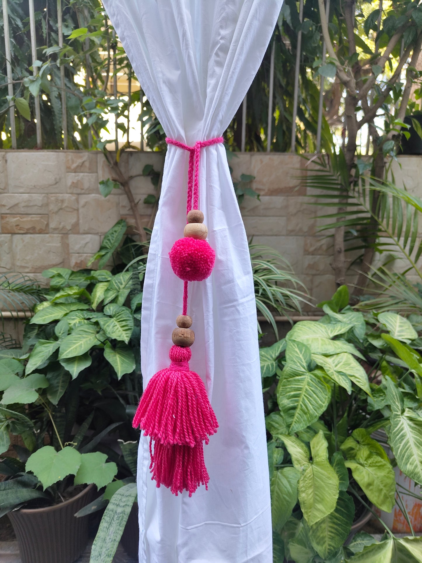 Curtain Tie Backs Pink Pompom & Tassel with Wooden Beads (Set of 2)