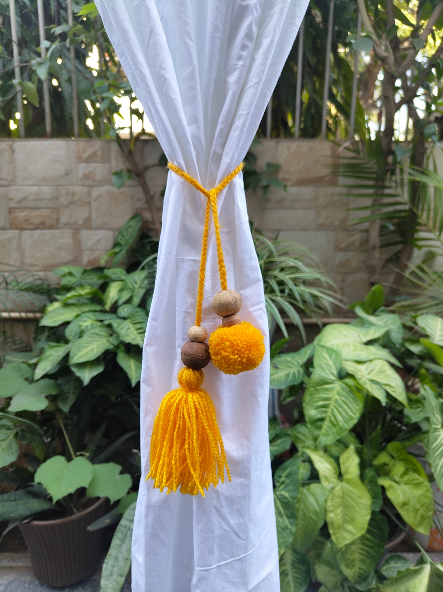 Curtain Tie Backs Yellow Pompom & Tassel with Wooden Beads (Set of 2)