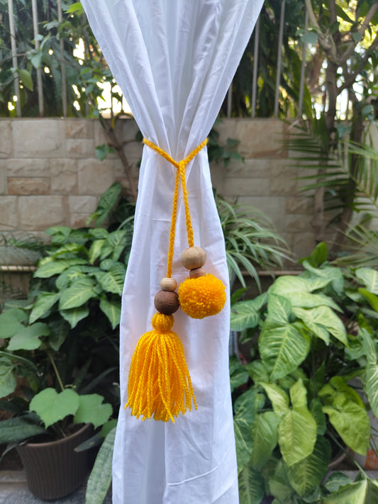 Curtain Tie Backs Yellow Pompom & Tassel with Wooden Beads (Set of 2)