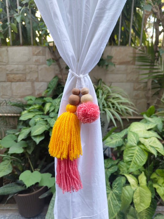 Curtain Tie Backs Yellow Peach Pompom & Tassel with Wooden Beads (Set of 2)