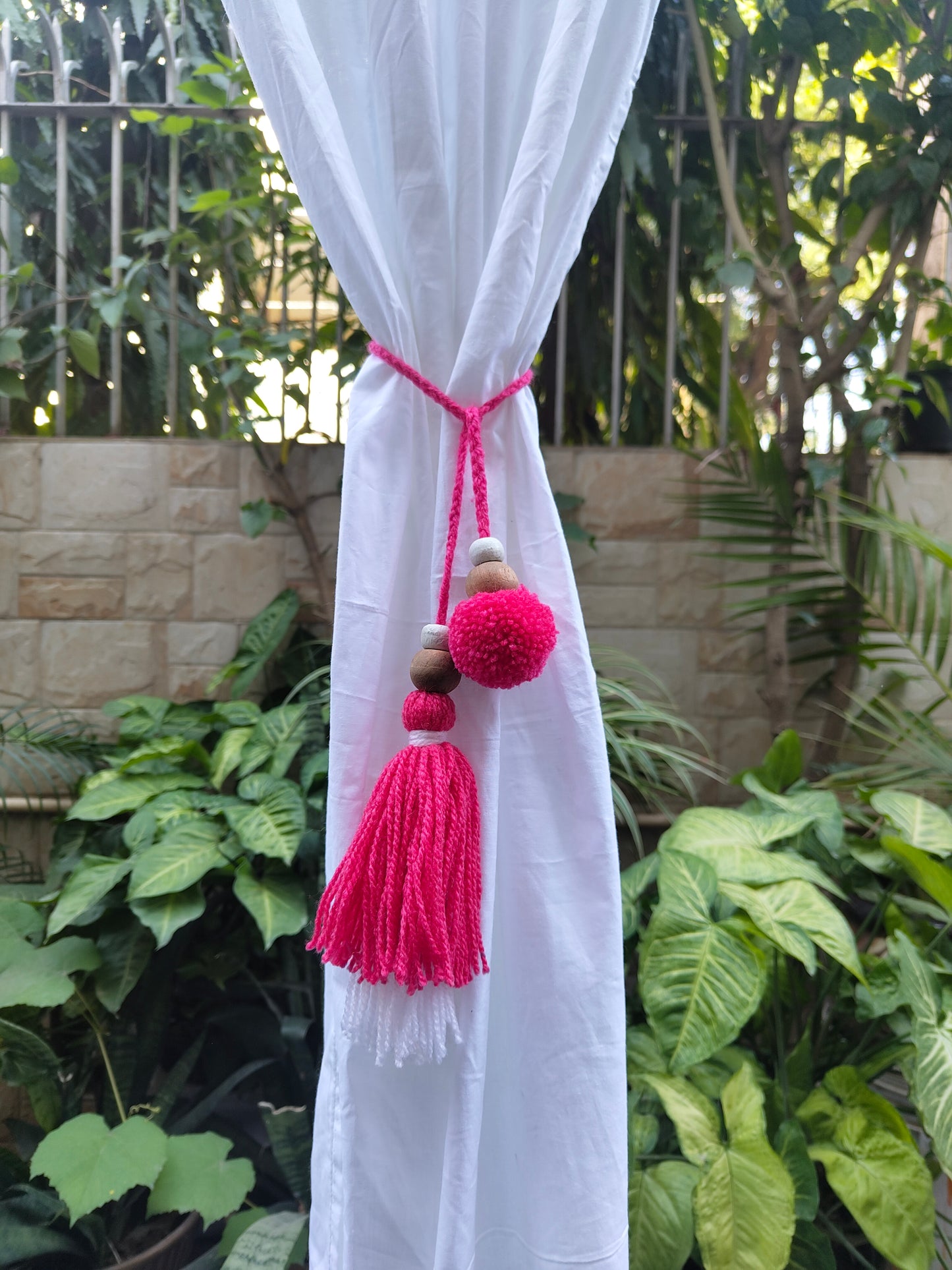 Curtain Tie Backs White Pink Pompom & Tassel with Wooden Beads (Set of 2)