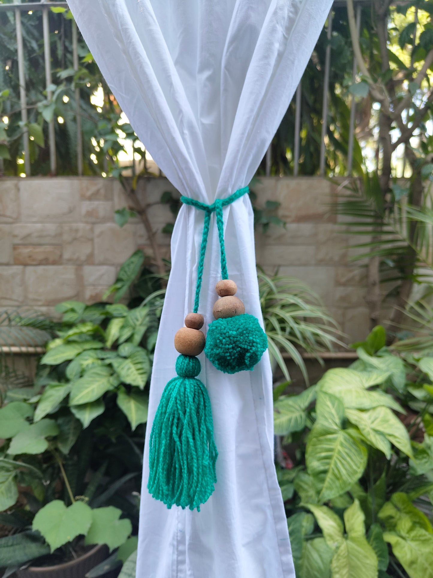 Curtain Tie Backs Sea Green Pompom & Tassel with Wooden Beads (Set of 2)