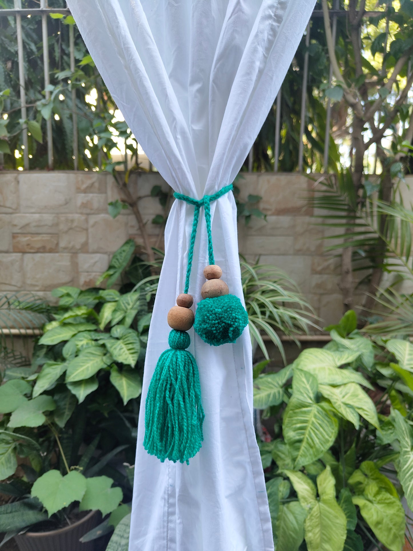 Curtain Tie Backs Sea Green Pompom & Tassel with Wooden Beads (Set of 2)