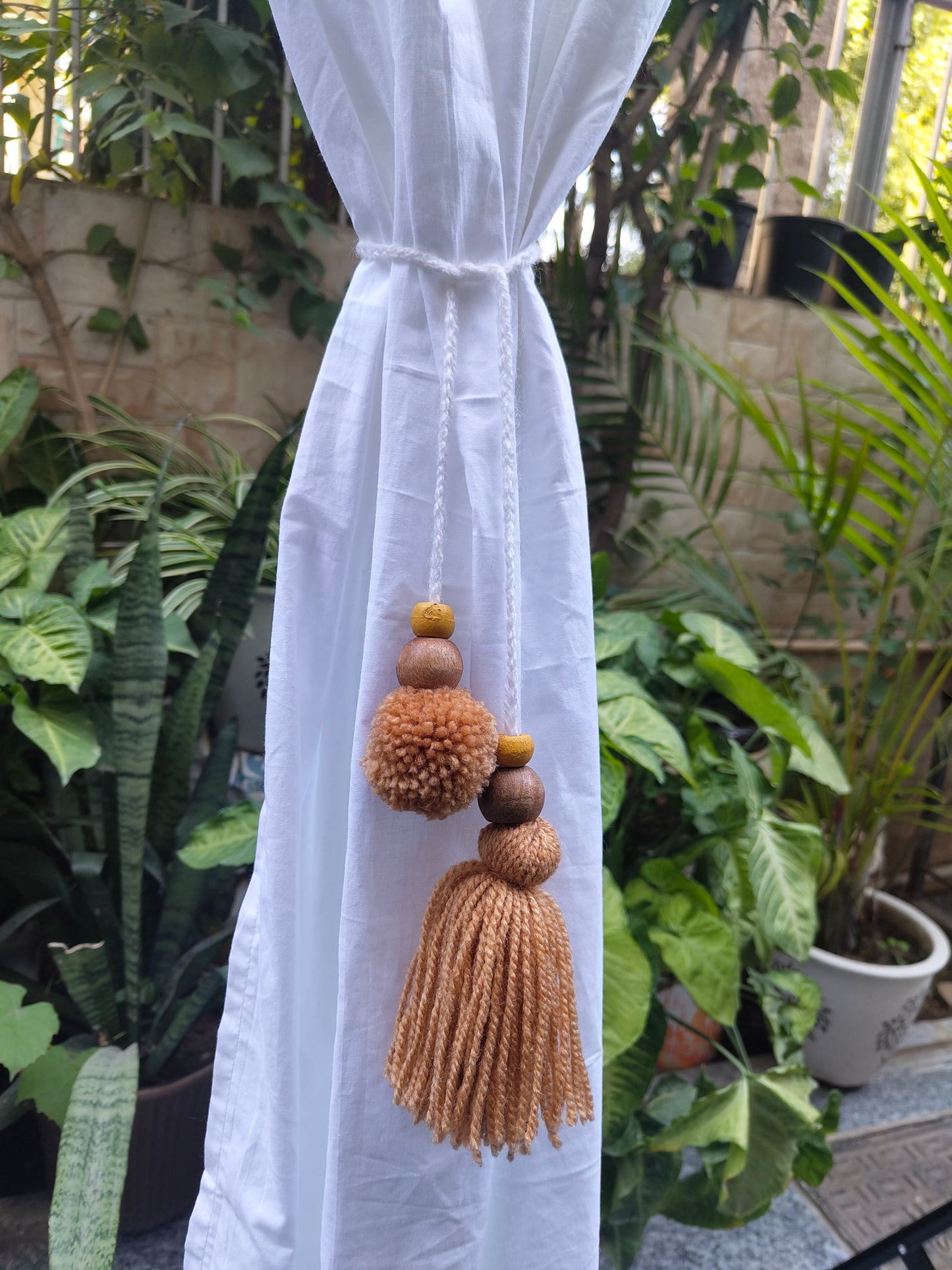 Curtain Tie Backs Beige Pompom & Tassel with Wooden Beads (Set of 2)