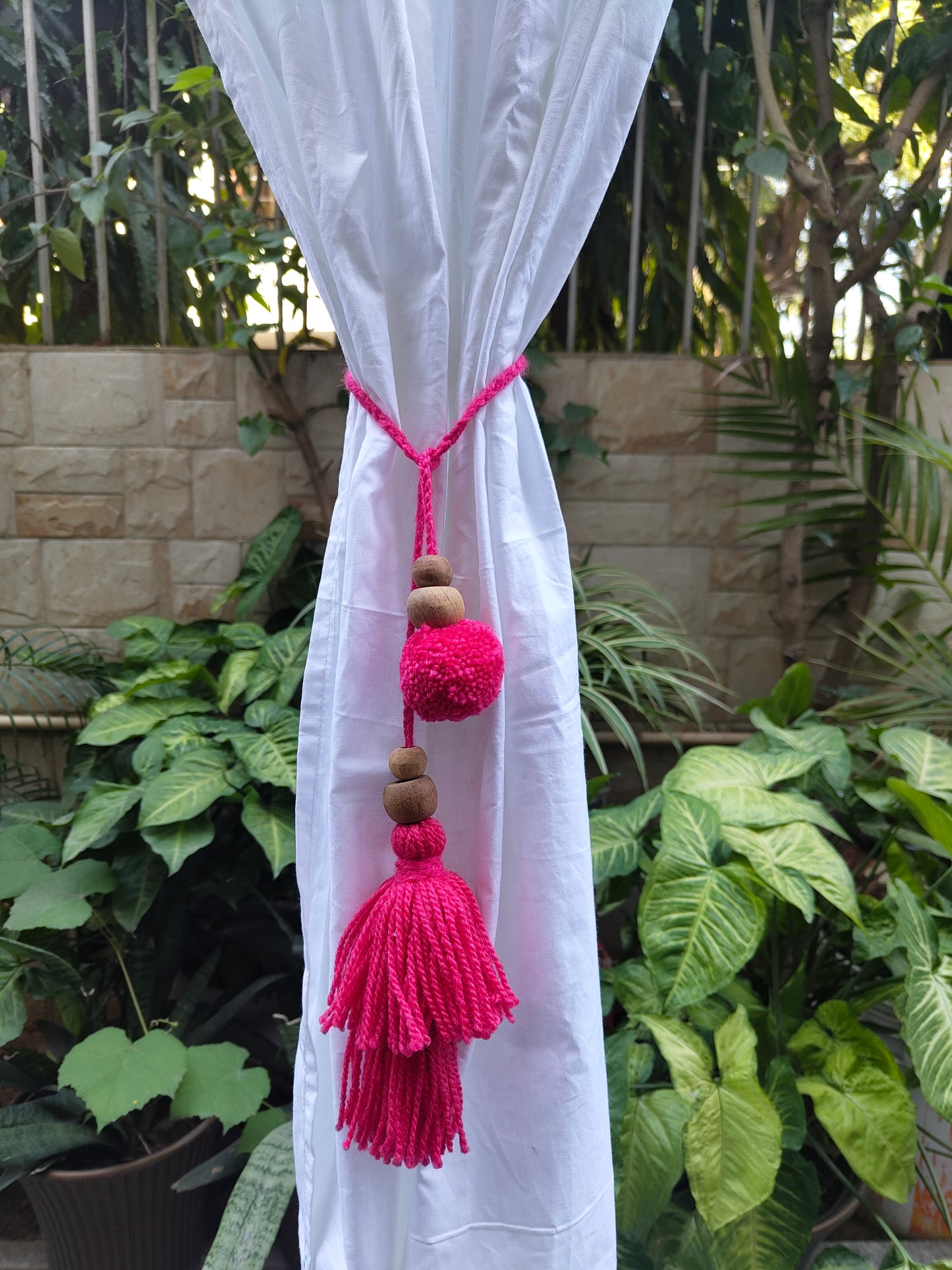 Curtain Tie Backs Pink Pompom & Tassel with Wooden Beads (Set of 2)