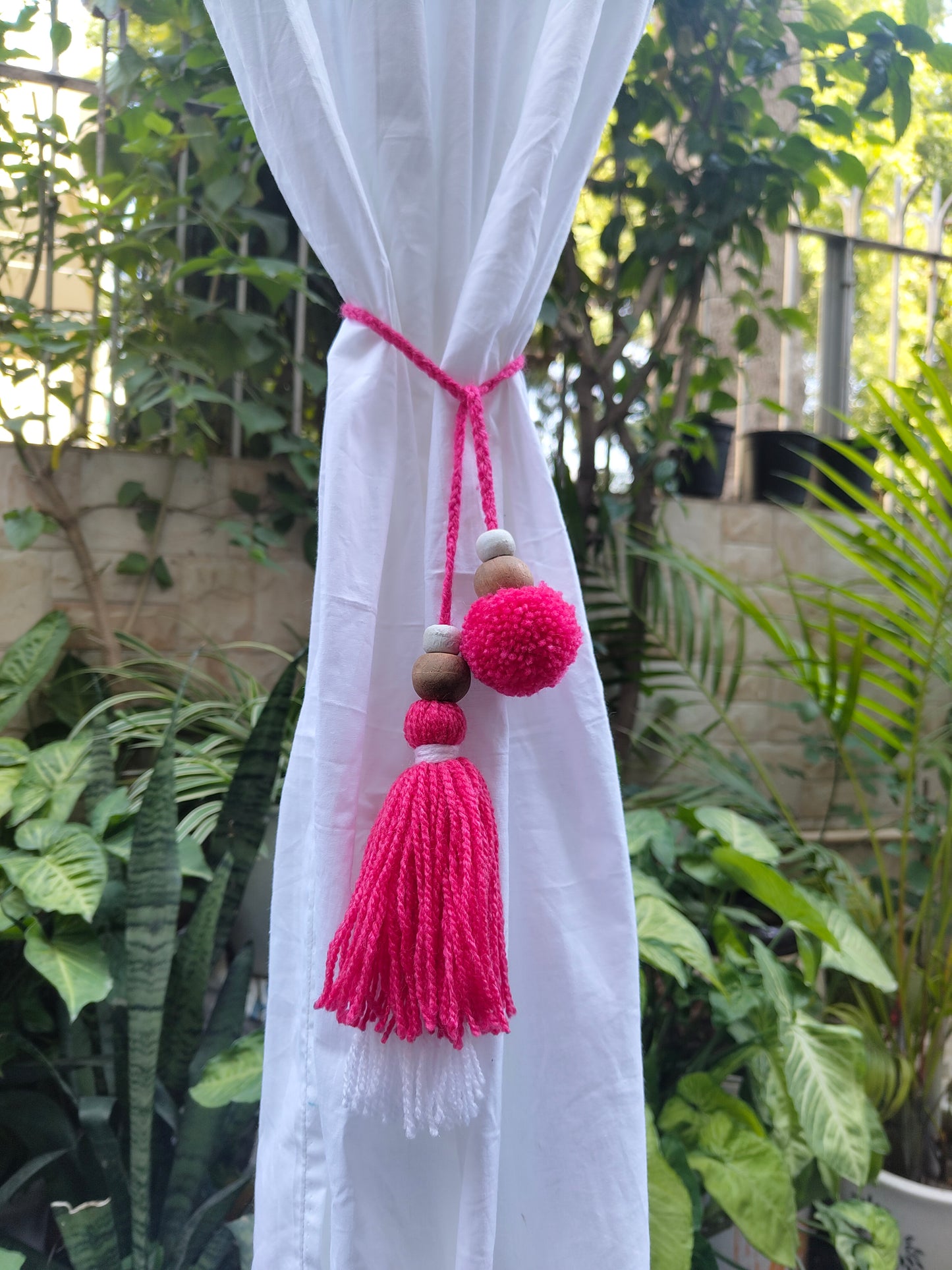 Curtain Tie Backs White Pink Pompom & Tassel with Wooden Beads (Set of 2)