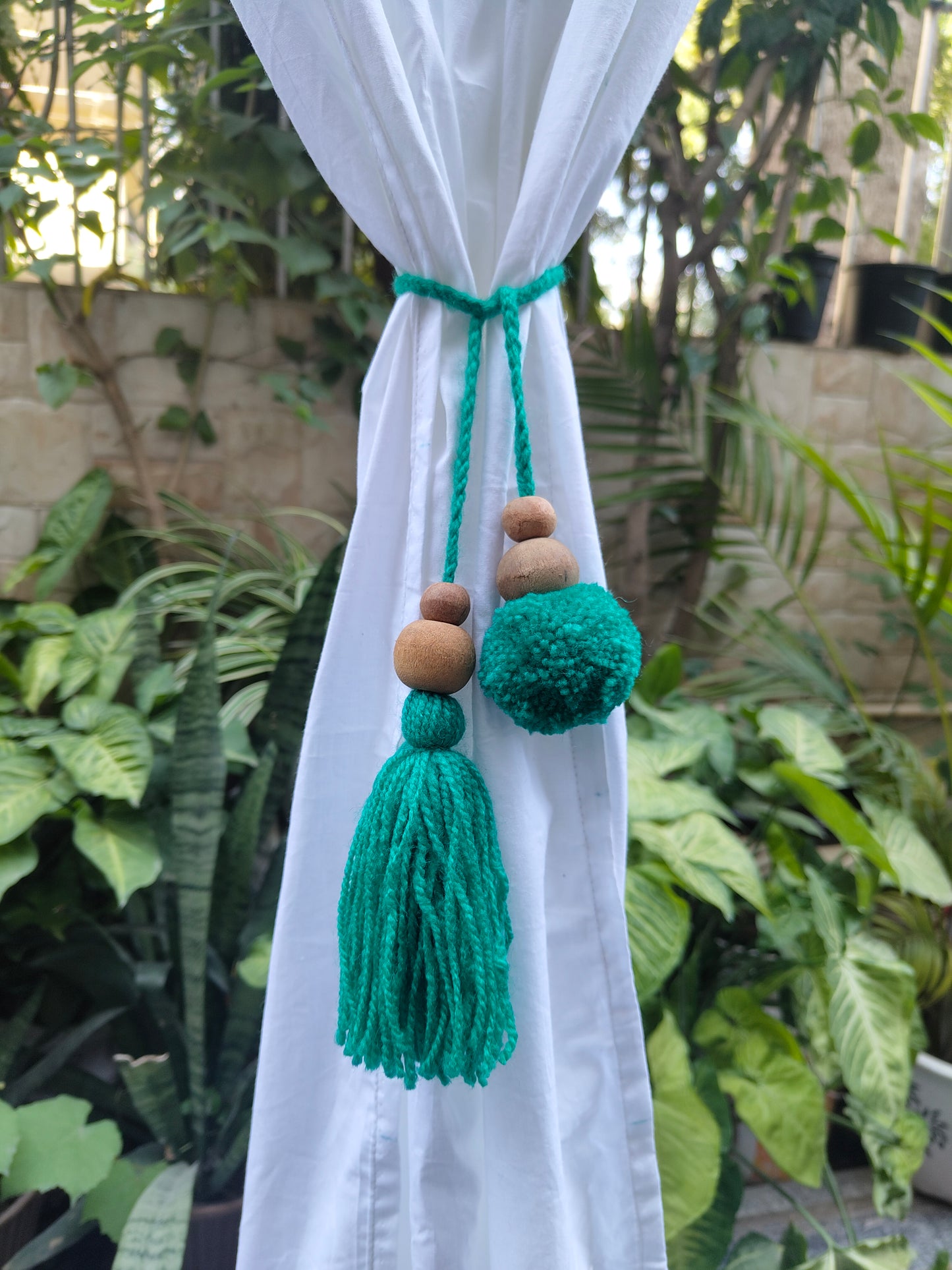 Curtain Tie Backs Sea Green Pompom & Tassel with Wooden Beads (Set of 2)