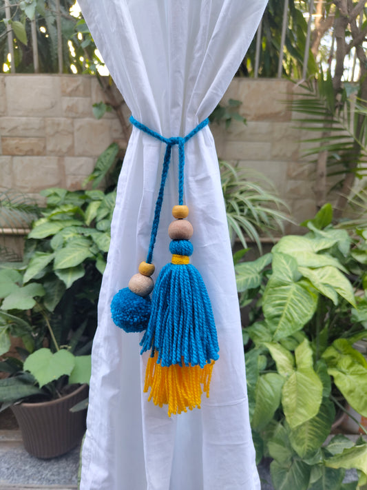 Curtain Tie Backs Yellow Navy Pompom & Tassel with Wooden Beads (Set of 2)