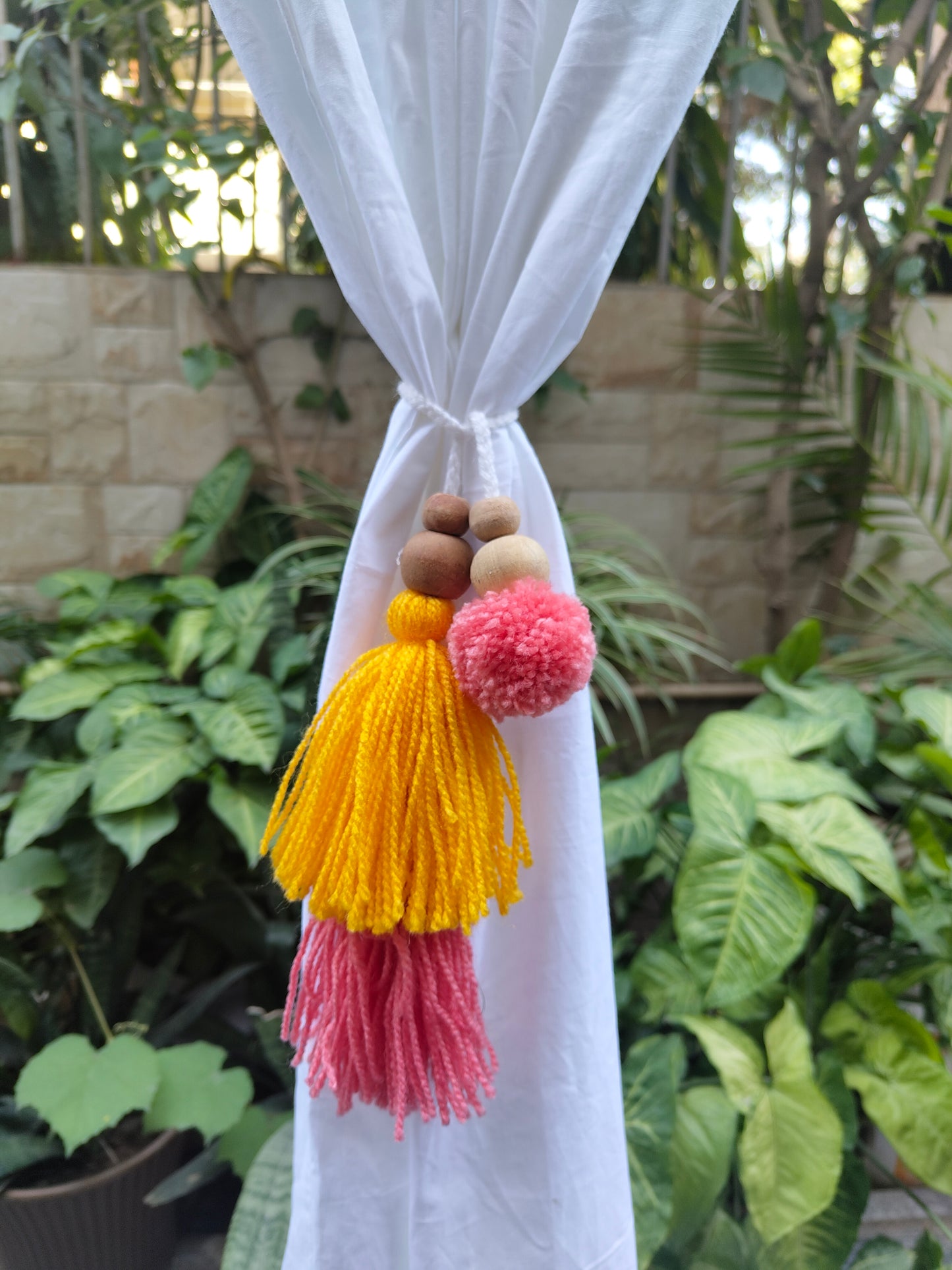 Curtain Tie Backs Yellow Peach Pompom & Tassel with Wooden Beads (Set of 2)