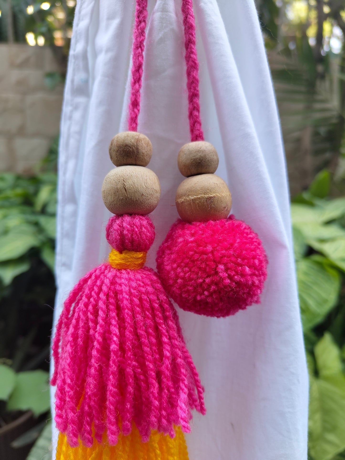 Curtain Tie Backs Yellow Pink Pompom & Tassel with Wooden Beads (Set of 2)