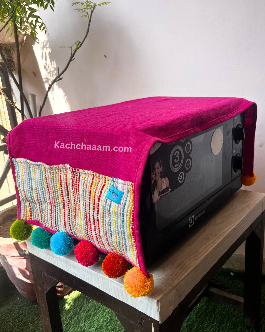 Magenta Pink Cotton Slub Solid Microwave Cover with Multicolored Jacquard Fabric Pockets and Rainbow Pompom