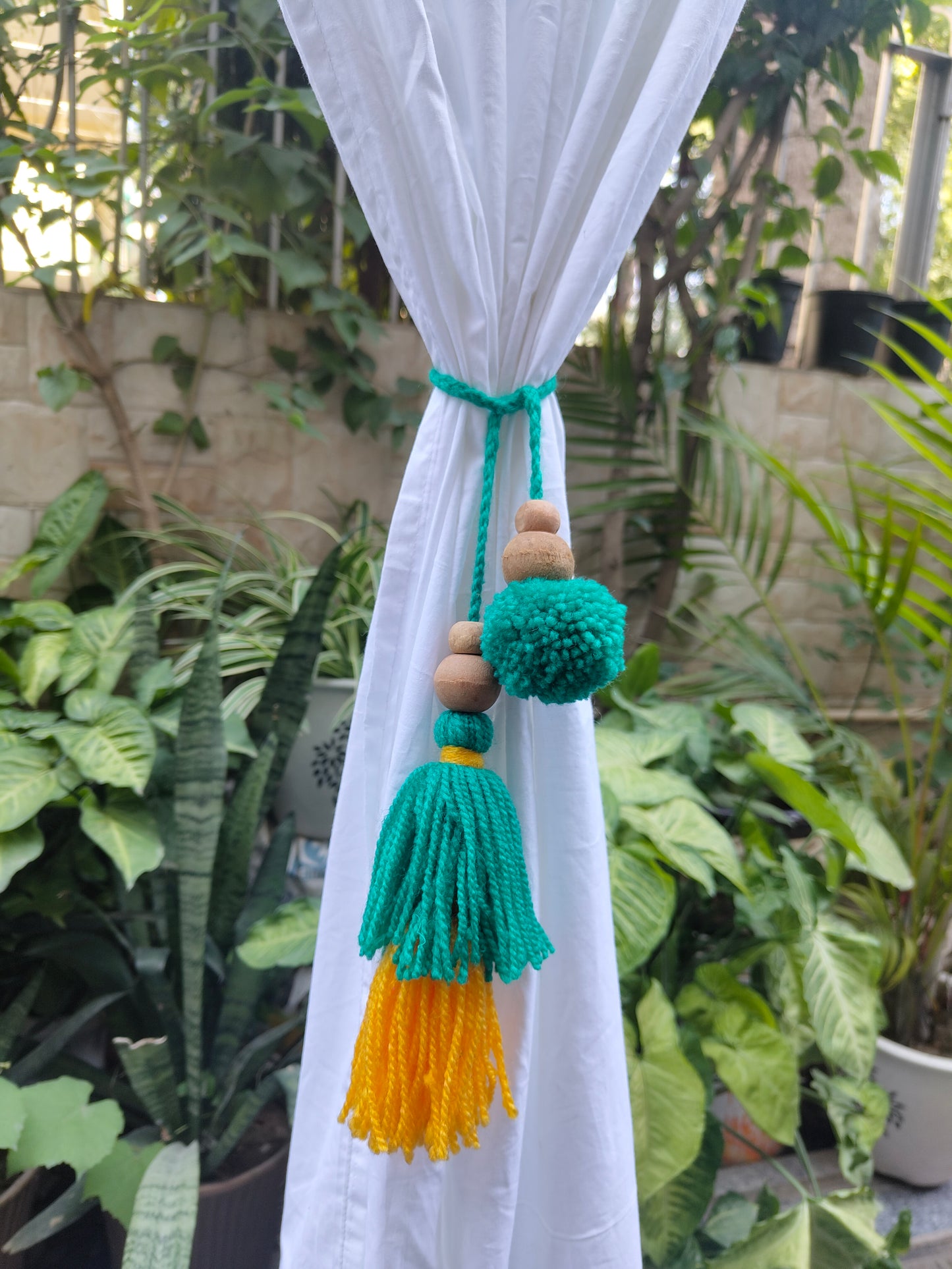 Curtain Tie Backs Yellow Sea Green Pompom & Tassel with Wooden Beads (Set of 2)