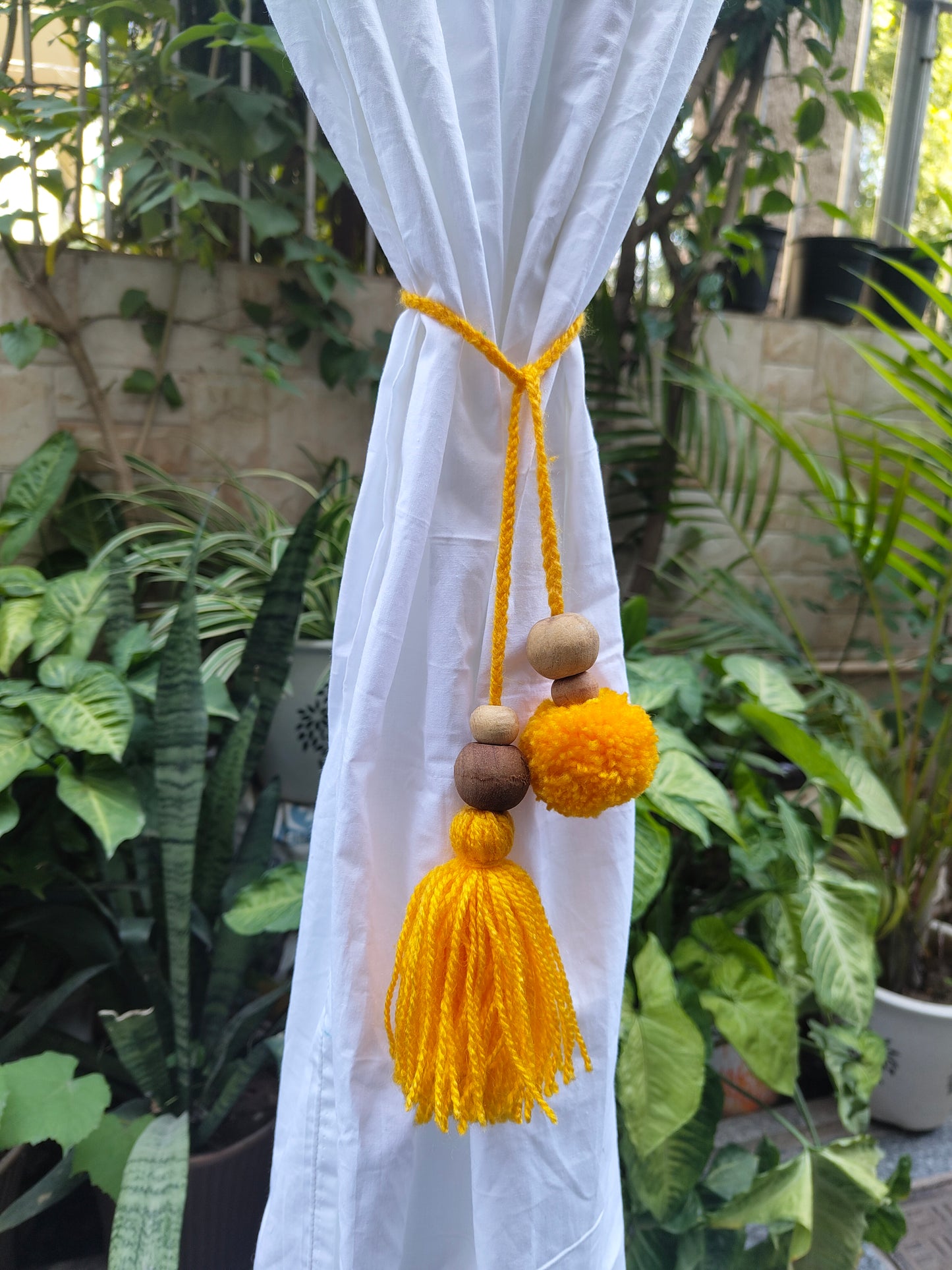 Curtain Tie Backs Yellow Pompom & Tassel with Wooden Beads (Set of 2)