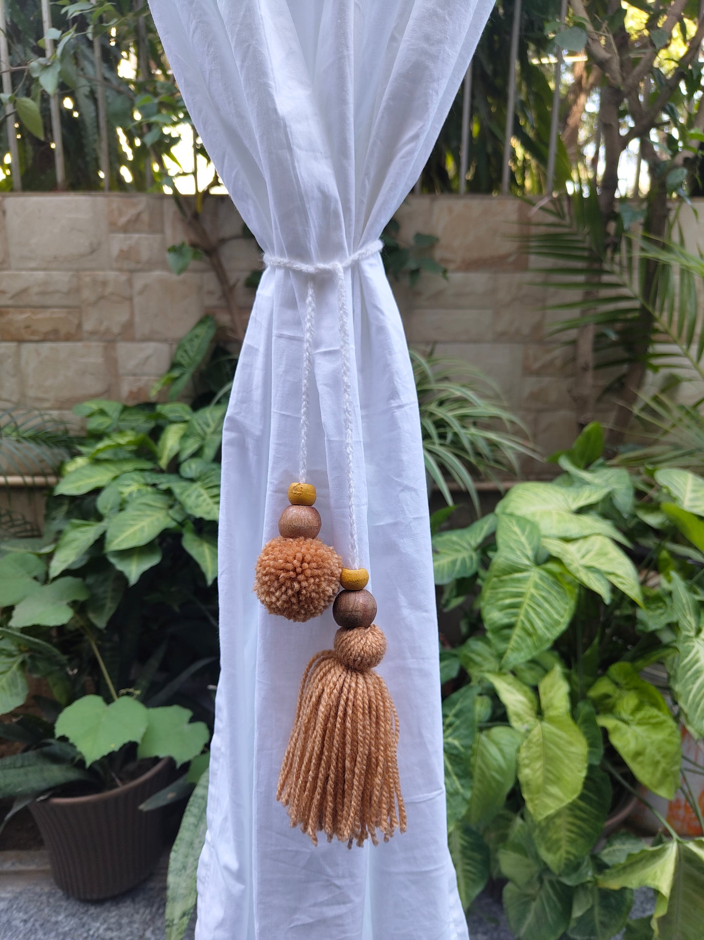 Curtain Tie Backs Beige Pompom & Tassel with Wooden Beads (Set of 2)